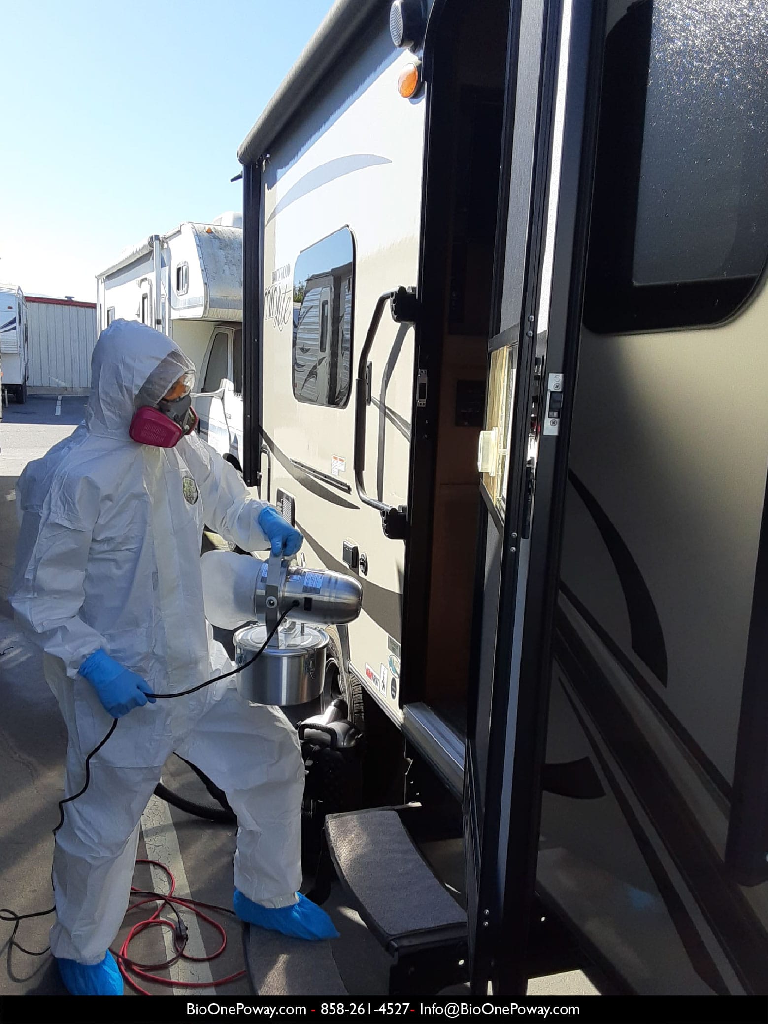 Bio-One technician disinfecting RV vehicle. Photo credit: Bio-One of Poway.