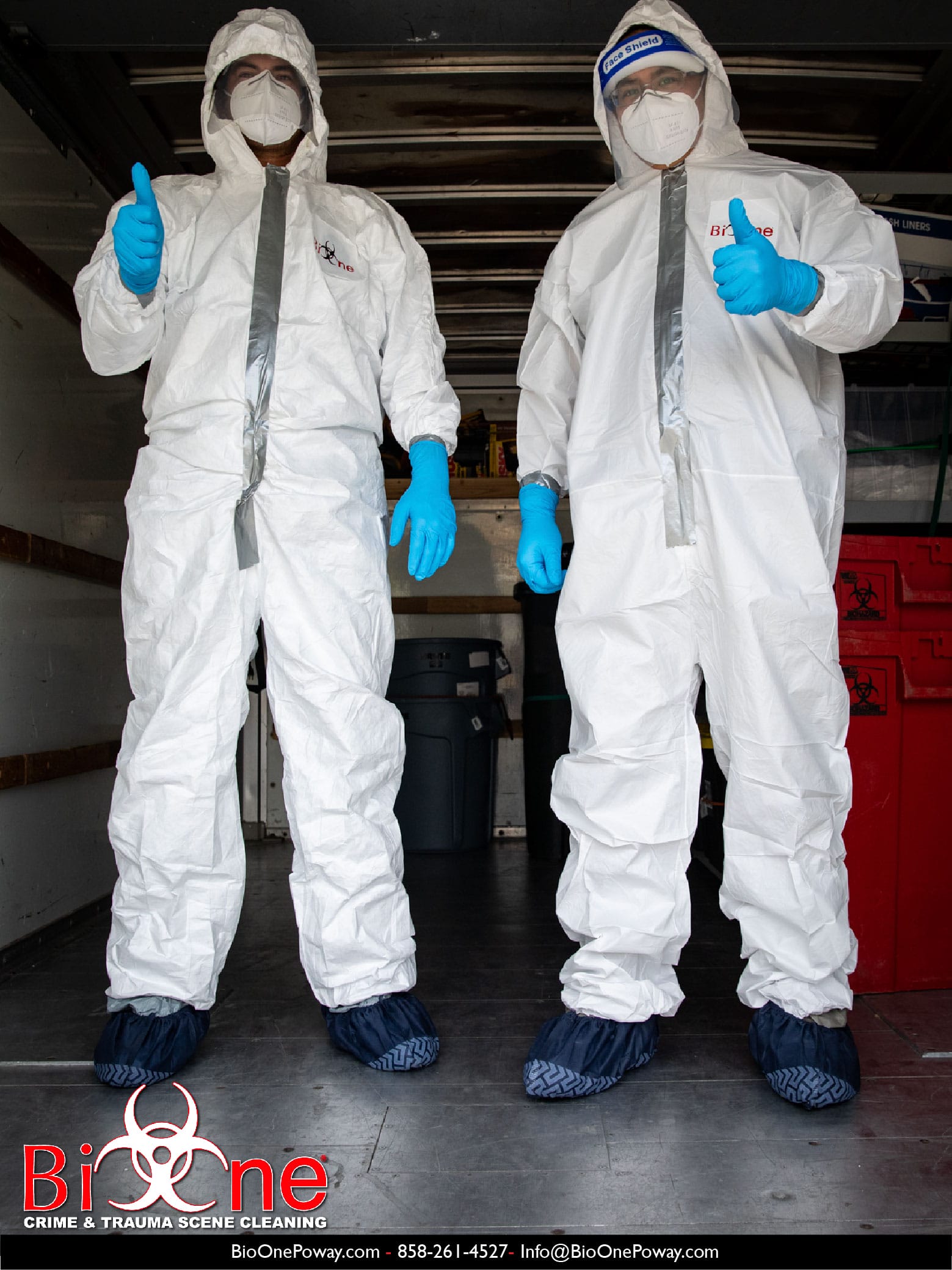 Bio-One technicians wearing PPE and hazmats. Photo credit: Bio-One of Poway.